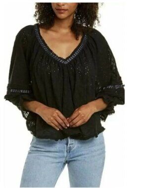 Free People 100% Cotton "Darcy" Eyelet Blouse Boho Black Top Size Small